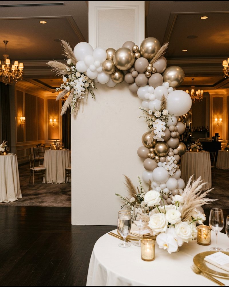 Illustration: corporate gala backdrop with white and champagne gold balloon installation and orchids