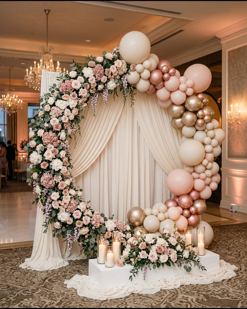 Illustration: circular floral and balloon installation in blush, ivory and champagne gold with chiffon draping